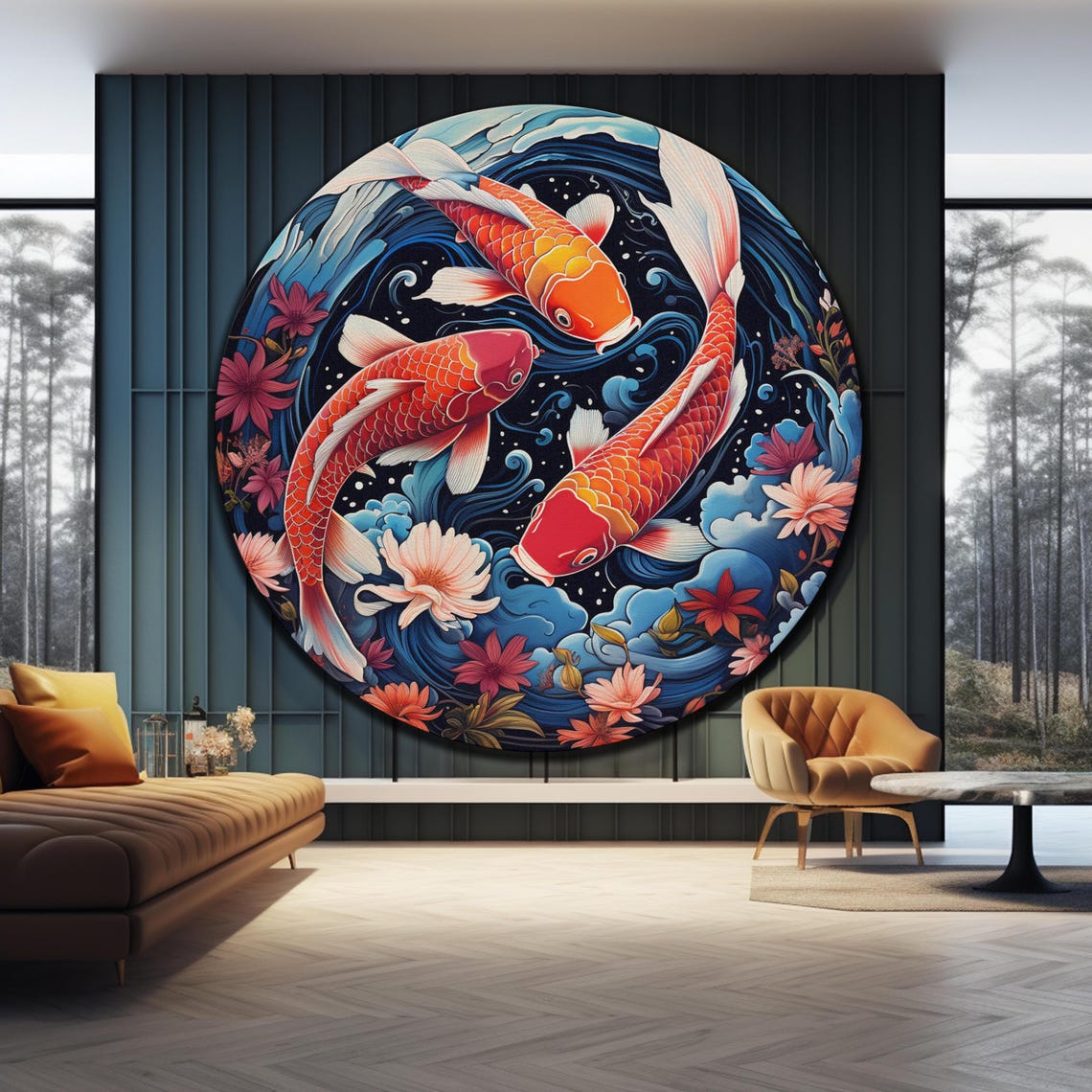 Three Koi Fish Waves Flowers Round Japanese Style Wall Art Poster - Image 3
