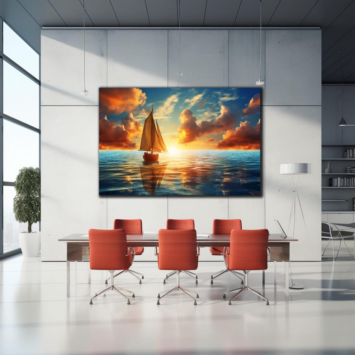 Vibrant Sailing Ship Sunset Ocean Golden Sky Seascape Travel Poster - Image 2