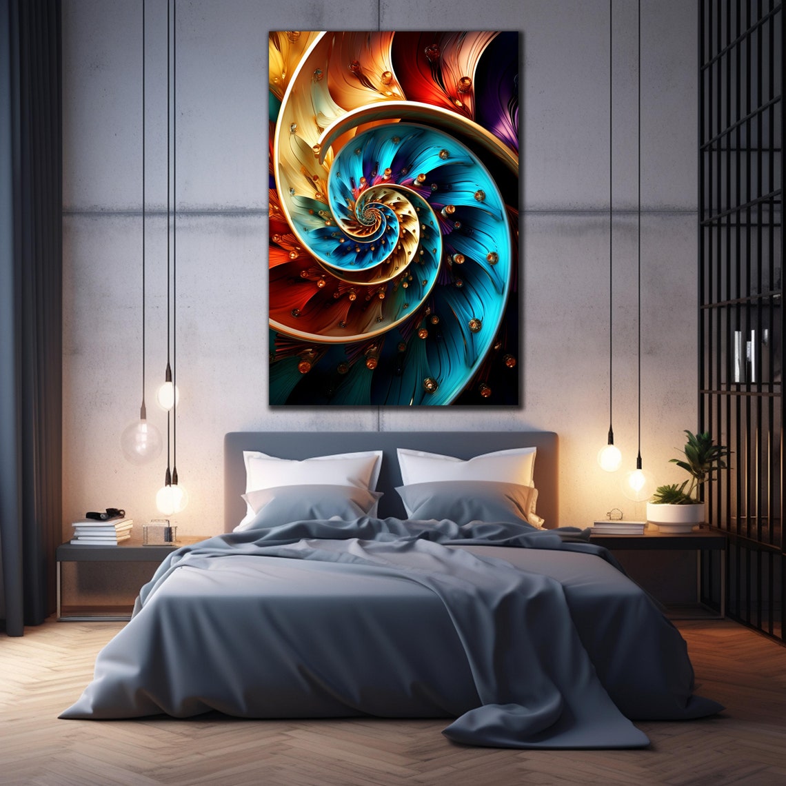 Golden Blue Spiral Fractal Art Jewel Accent Abstract Wall Art Poster - Image 2
