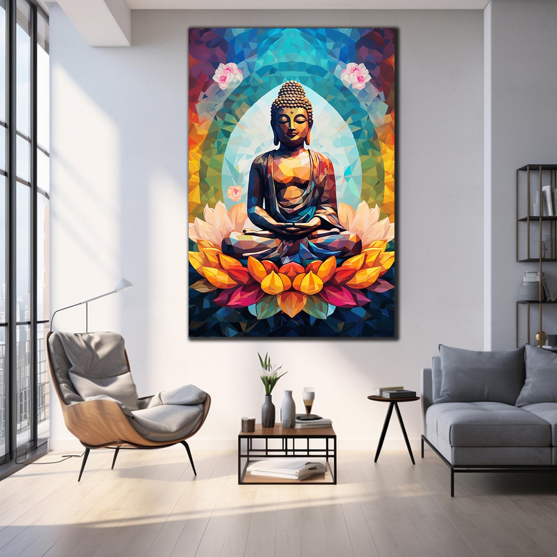 Mosaic Buddha Meditating Lotus Colorful Geometric Zen Wall Art Poster - Image 3
