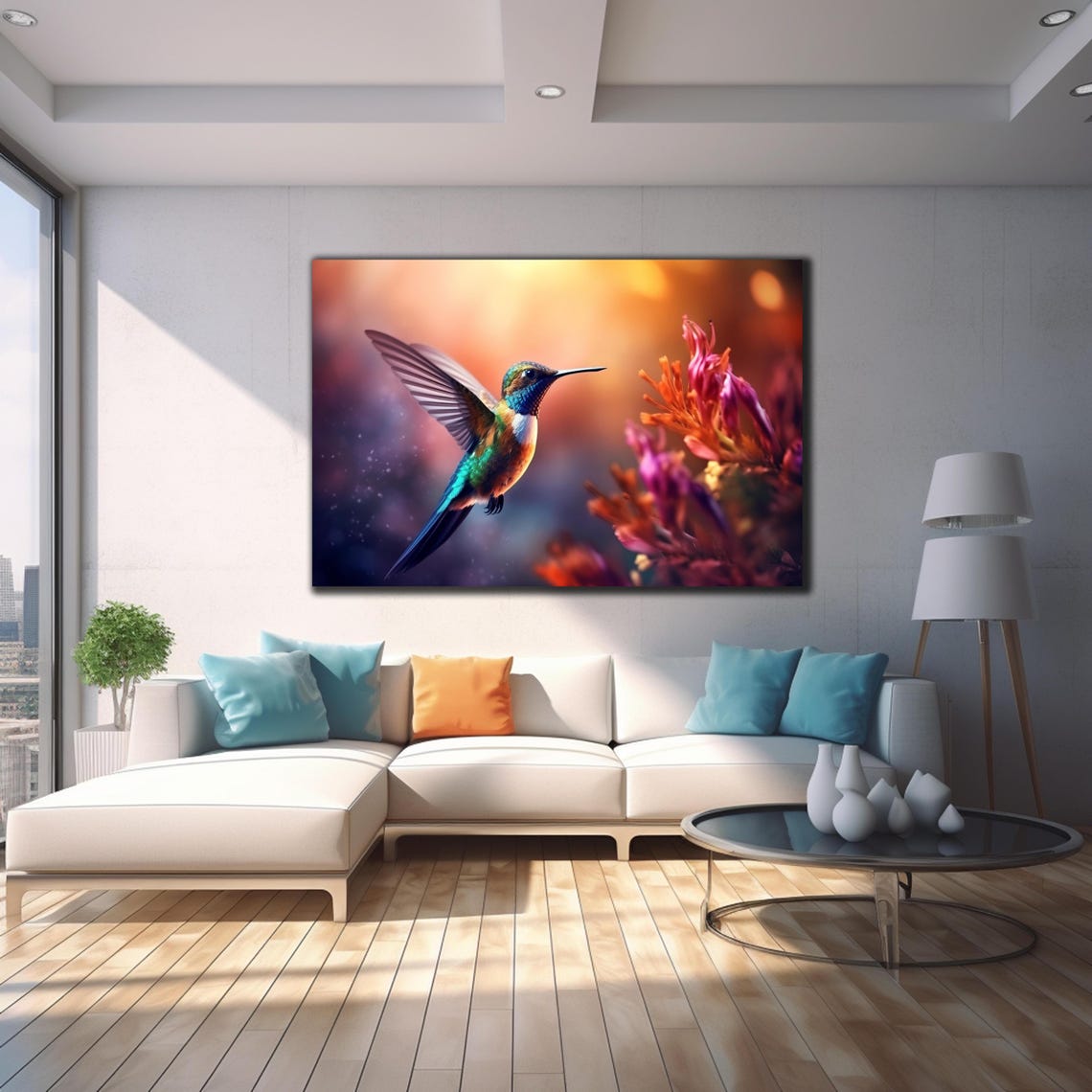 Iridescent Blue Green Hummingbird Orange Flowers Sunset Art Poster - Image 4