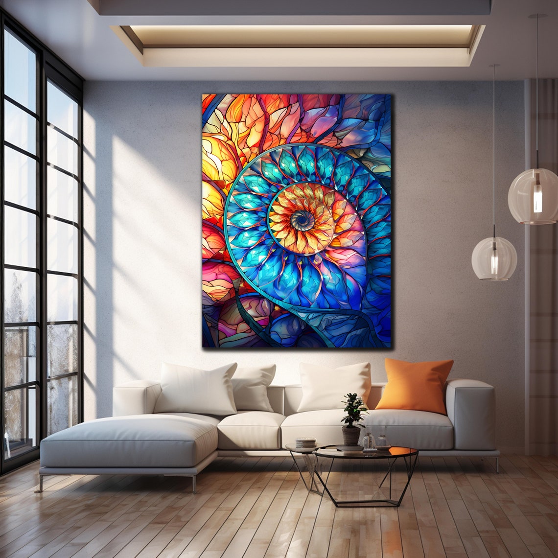 Nautilus Shell Spiral Stained Glass Art Teal Orange Seashell Poster - Image 4
