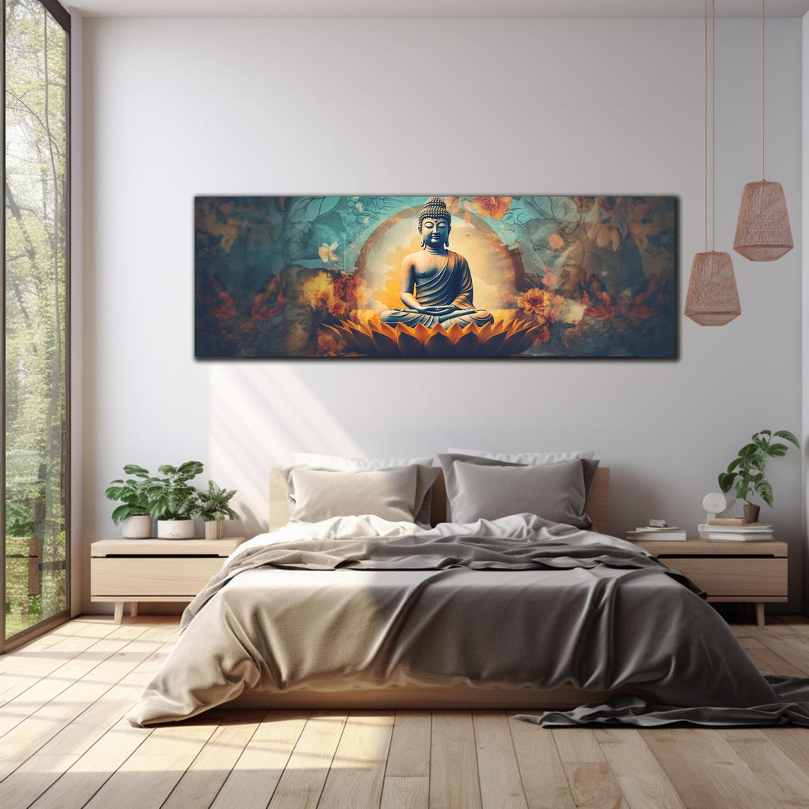 Buddha Golden Lotus Bloom Teal Floral Halo Panoramic Wall Art - Image 3