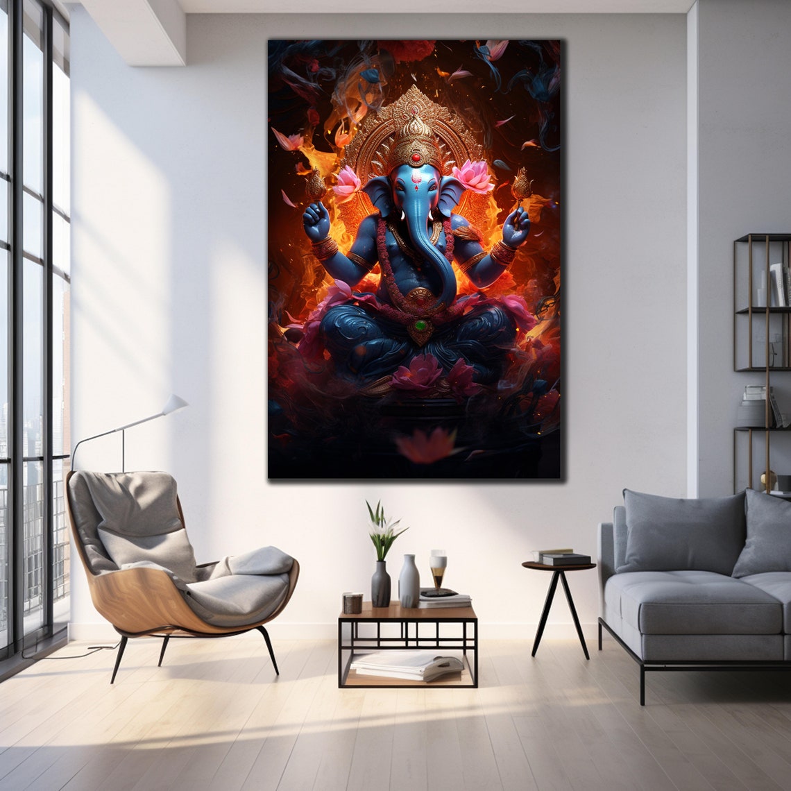 Lord Ganesha Blue Lotus Flowers Fiery Orange Divine Art Wall Poster - Image 3
