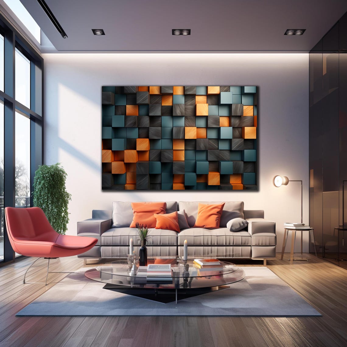 Teal Gray Orange 3D Wooden Block Abstract Geometric Wall Art - Image 4
