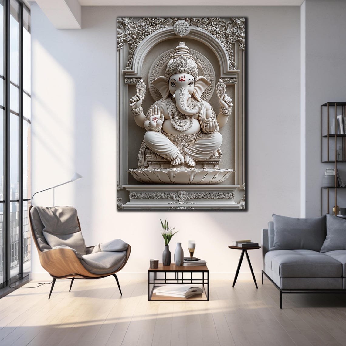 White Ganesha Temple Arch Carved Marble Blessing Wall Art Poster - Image 3