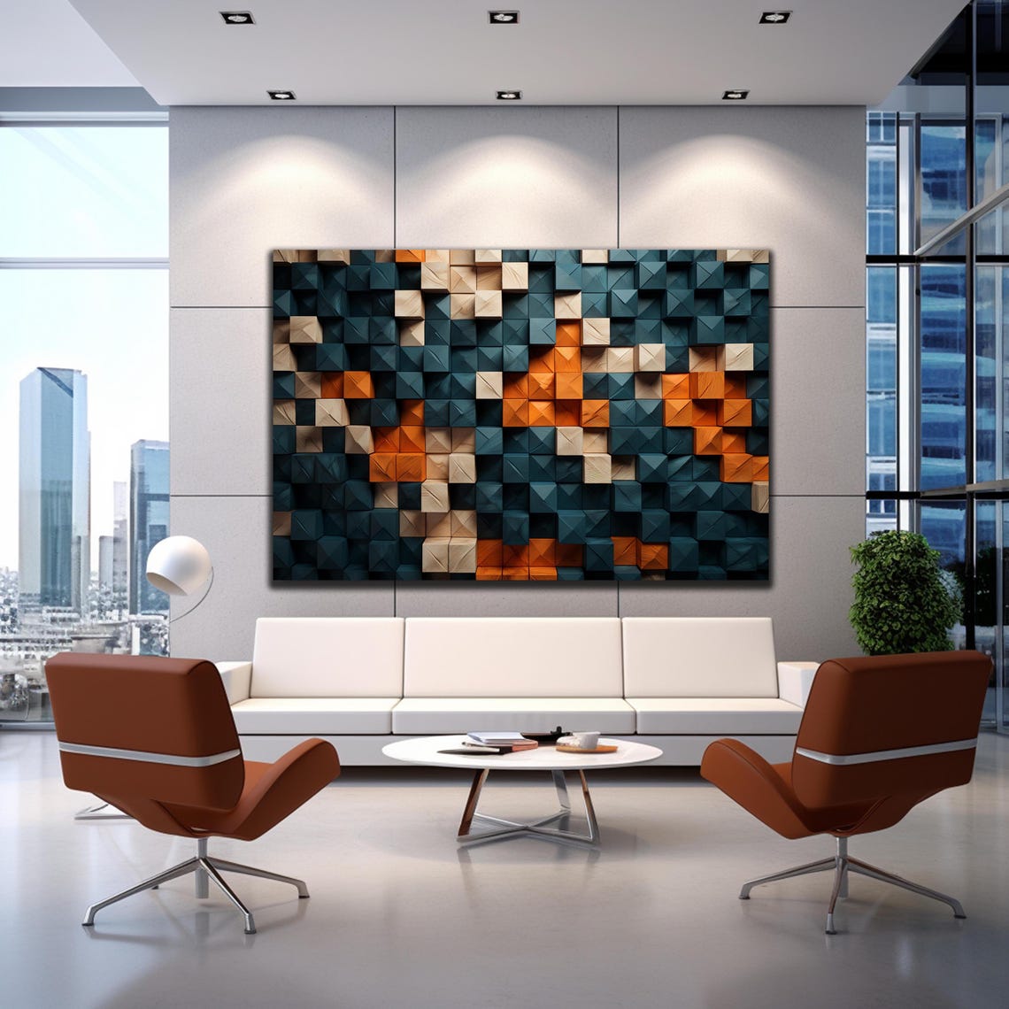 Navy Orange Natural Wood Faceted Cube Blocks Modern Wall Art - Image 3