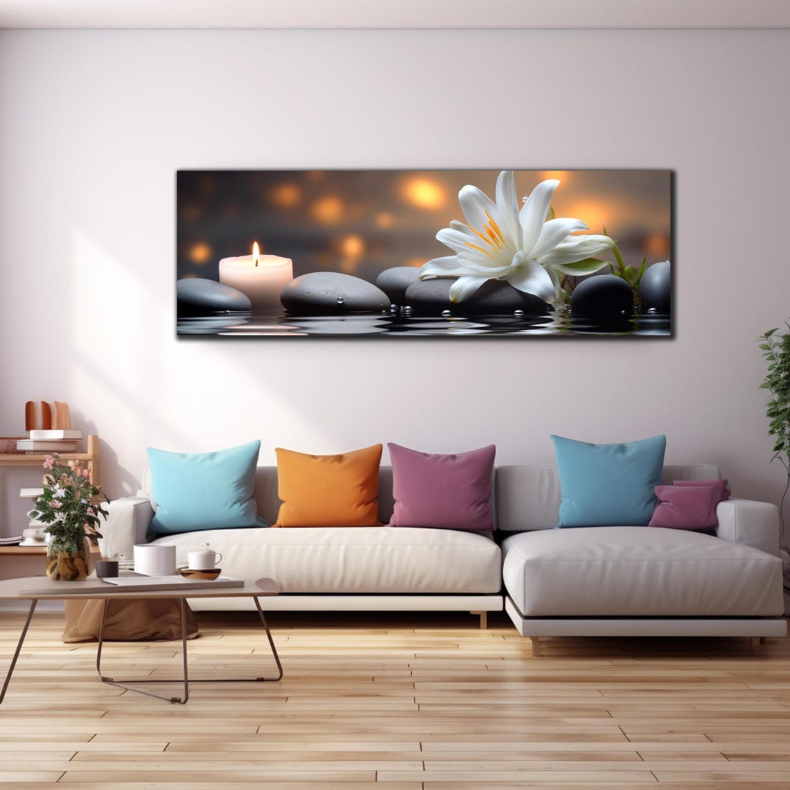 White Lily Candle Zen Stones Dark Water Glow Panoramic Wall Art - Image 4
