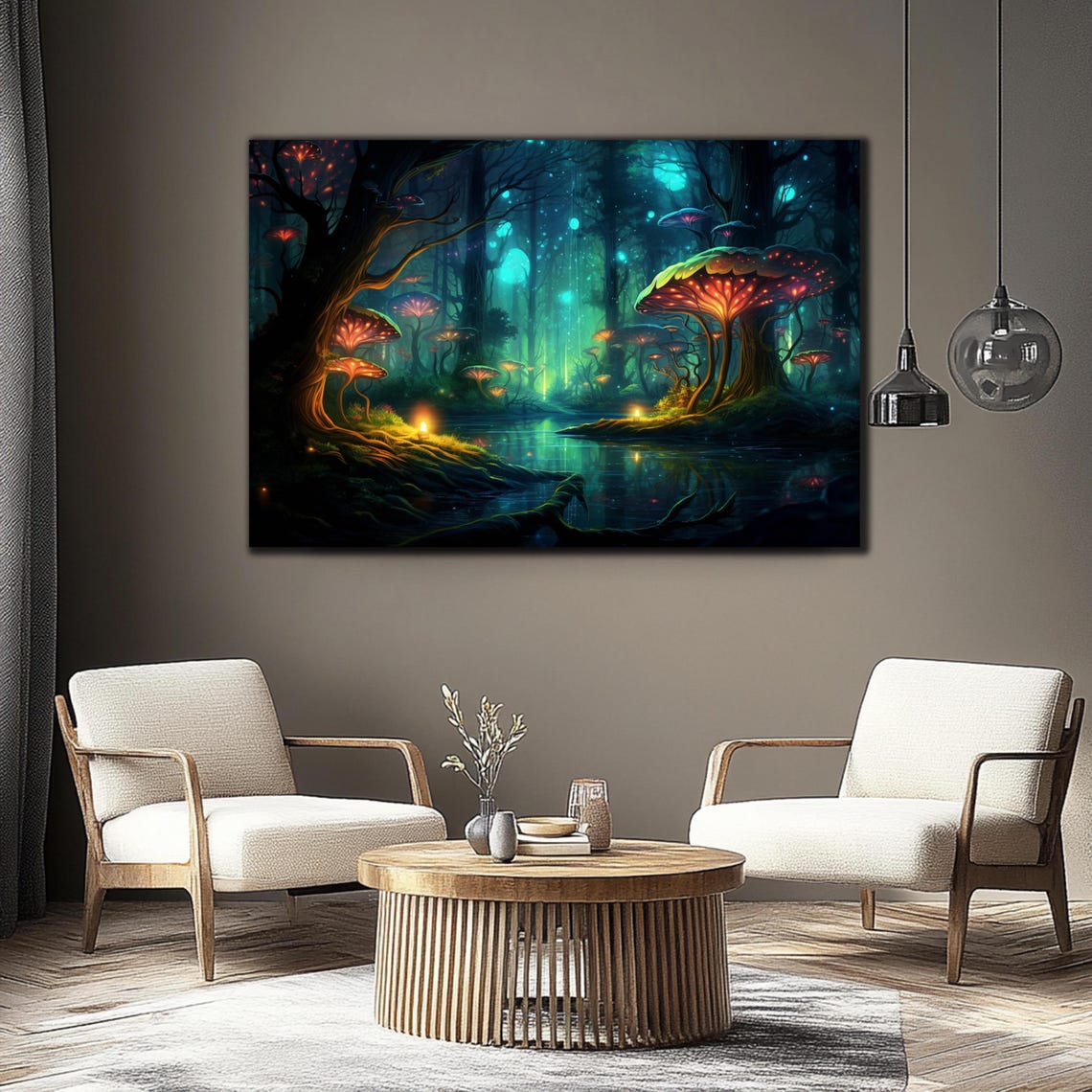 Fantasy Red Mushroom Forest Glowing Night Lake Magic Wall Art - Image 2