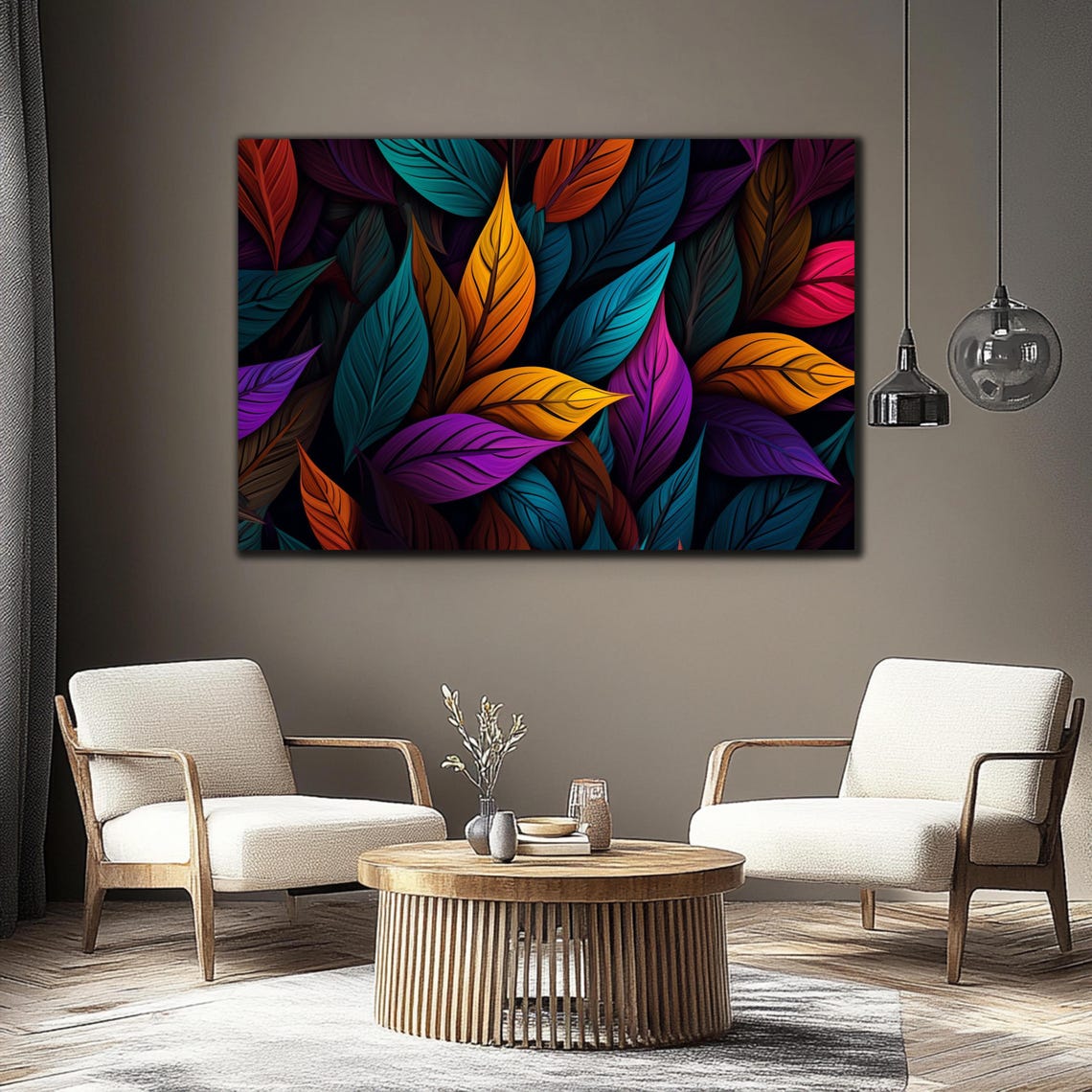 Dense Rainbow Leaves Black Backdrop Teal Orange Purple Wall Art - Image 3