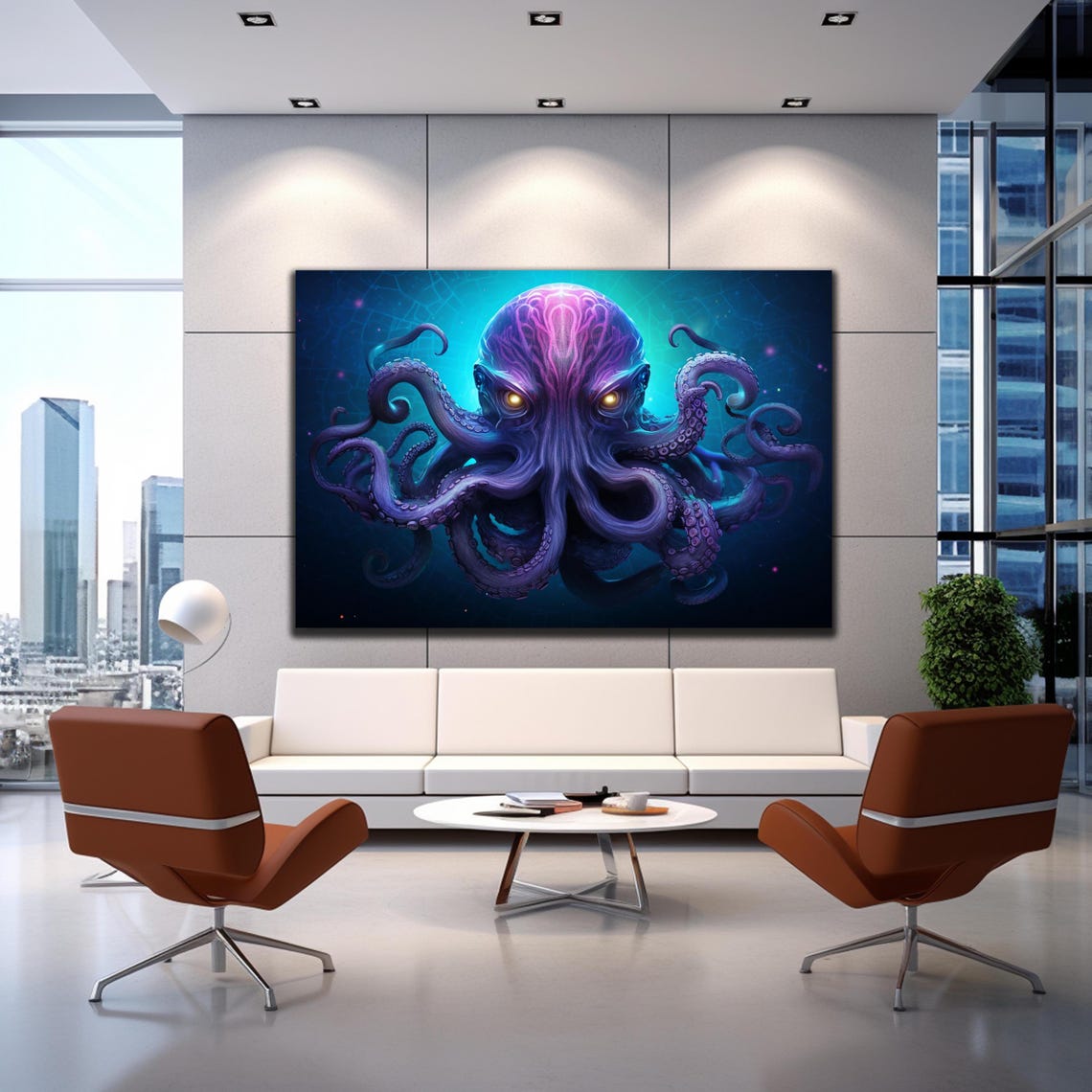 Neon Purple Octopus Front View Glowing Eyes Deep Sea Ocean Print - Image 2