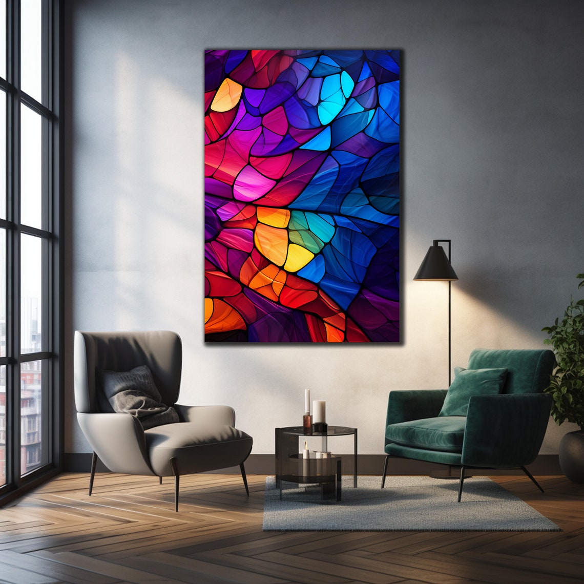 Abstract Stained Glass Mosaic Art Bold Red Blue Modern Wall Poster - Image 3