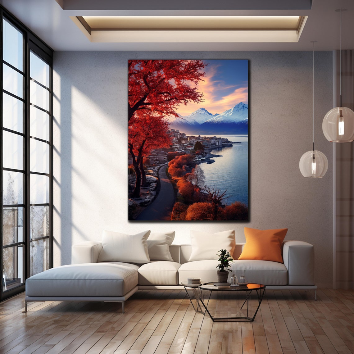 Alpine Lake Town Autumn Red Trees Snow Peaks Sunset Travel Poster - Image 4