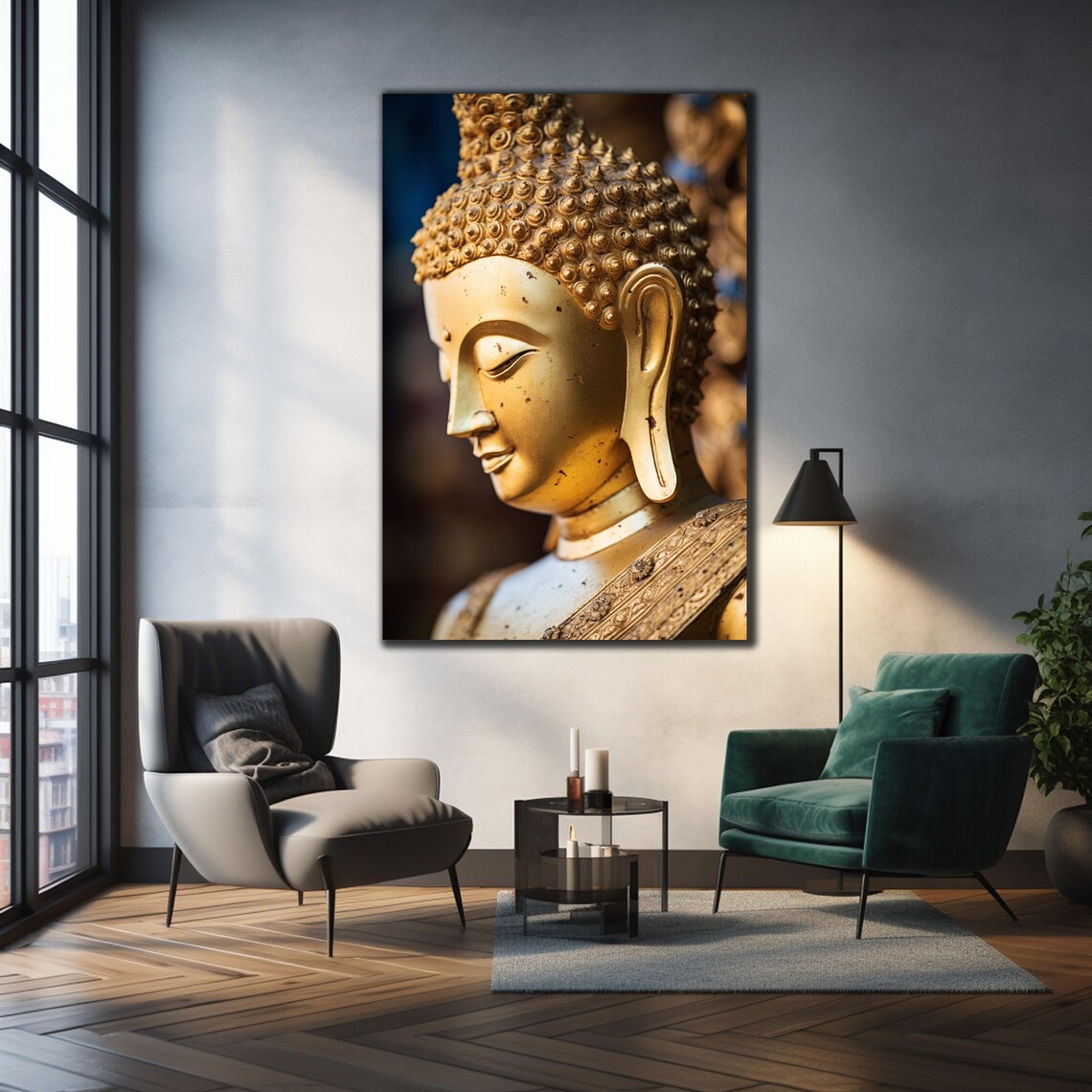 Golden Buddha Face Profile Close Up Serene Statue Wall Art Poster - Image 2