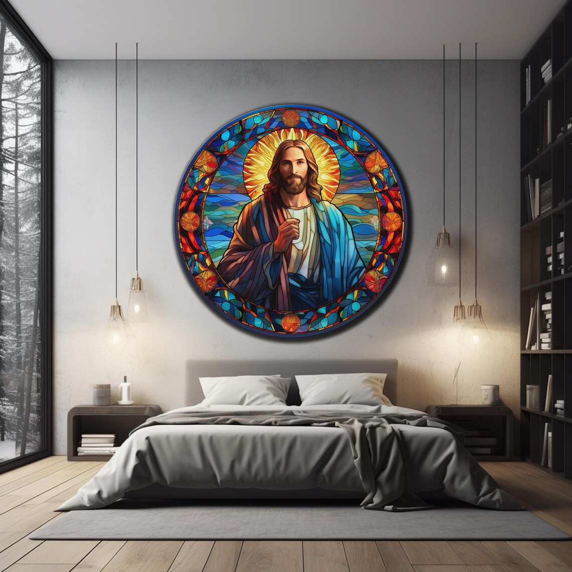 Jesus Christ Colorful Stained Glass Blue Robe Golden Halo Wall Art - Image 3