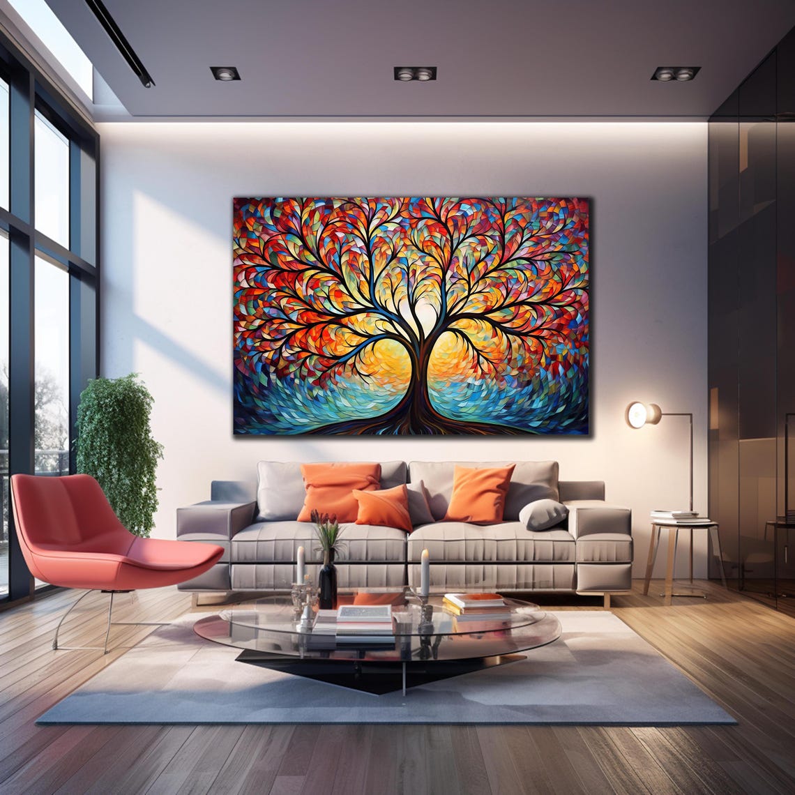 Fiery Tree of Life Mosaic Colorful Stained Glass Canopy Wall Art - Image 3