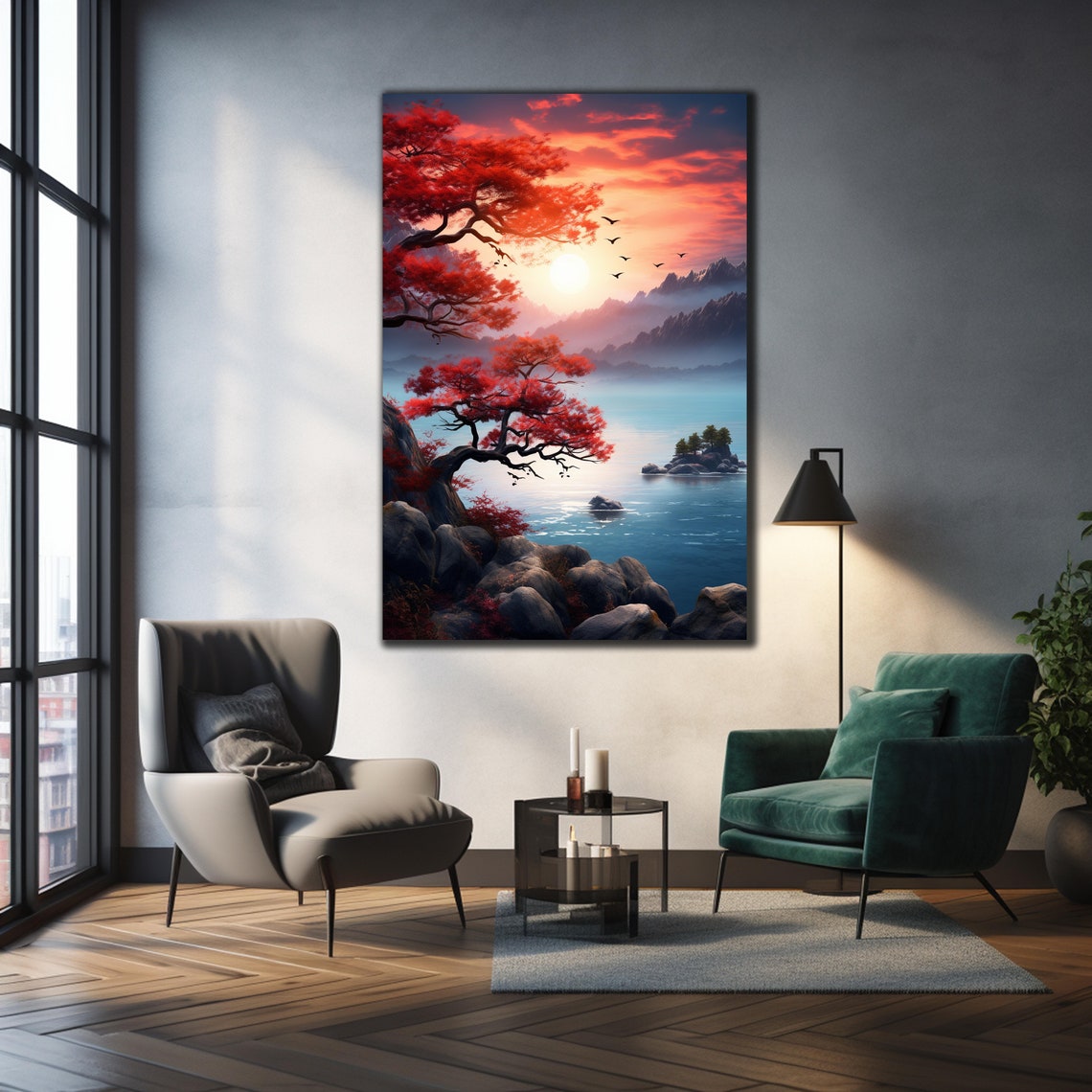 Red Maple Trees Rocky Shore Sunset Mountain Lake Landscape Poster - Image 3