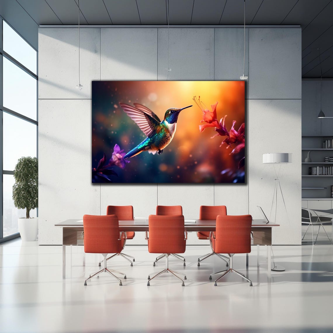Hummingbird Hovering Red Purple Flowers Glowing Sunset Glow Poster - Image 2