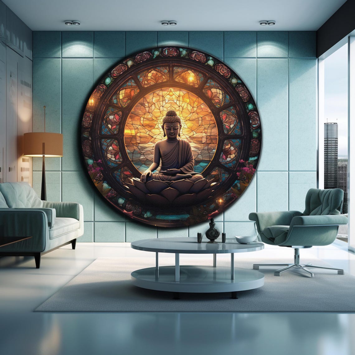 Buddha Lotus Silhouette Amber Stained Glass Dome Round Wall Art - Image 2