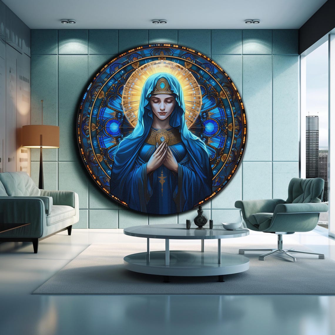 Virgin Mary Blue Stained Glass Praying Hands Golden Halo Wall Art - Image 2