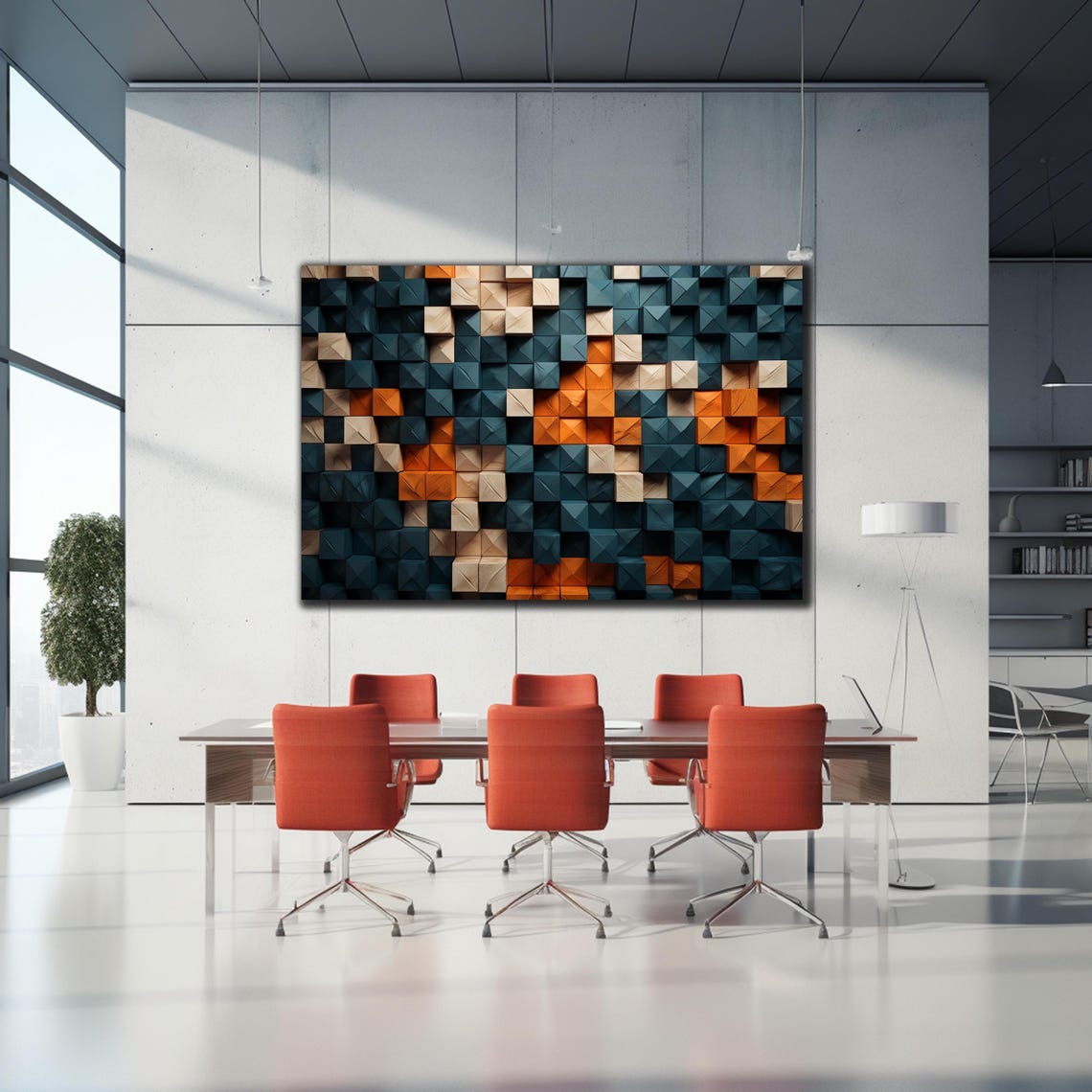 Navy Orange Natural Wood Faceted Cube Blocks Modern Wall Art - Image 2