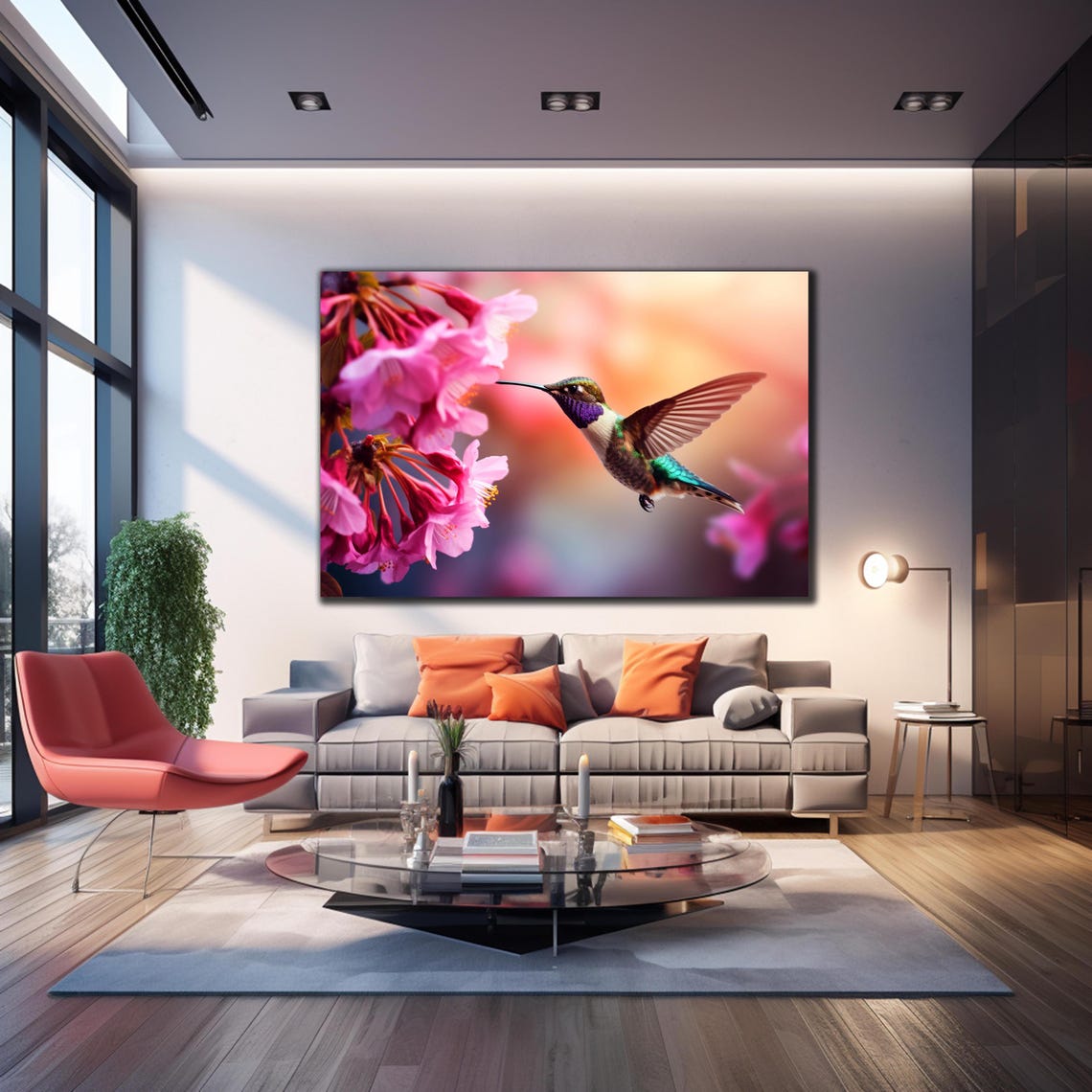Hummingbird Hovering Pink Blossoms Close Up Purple Throat Poster - Image 3