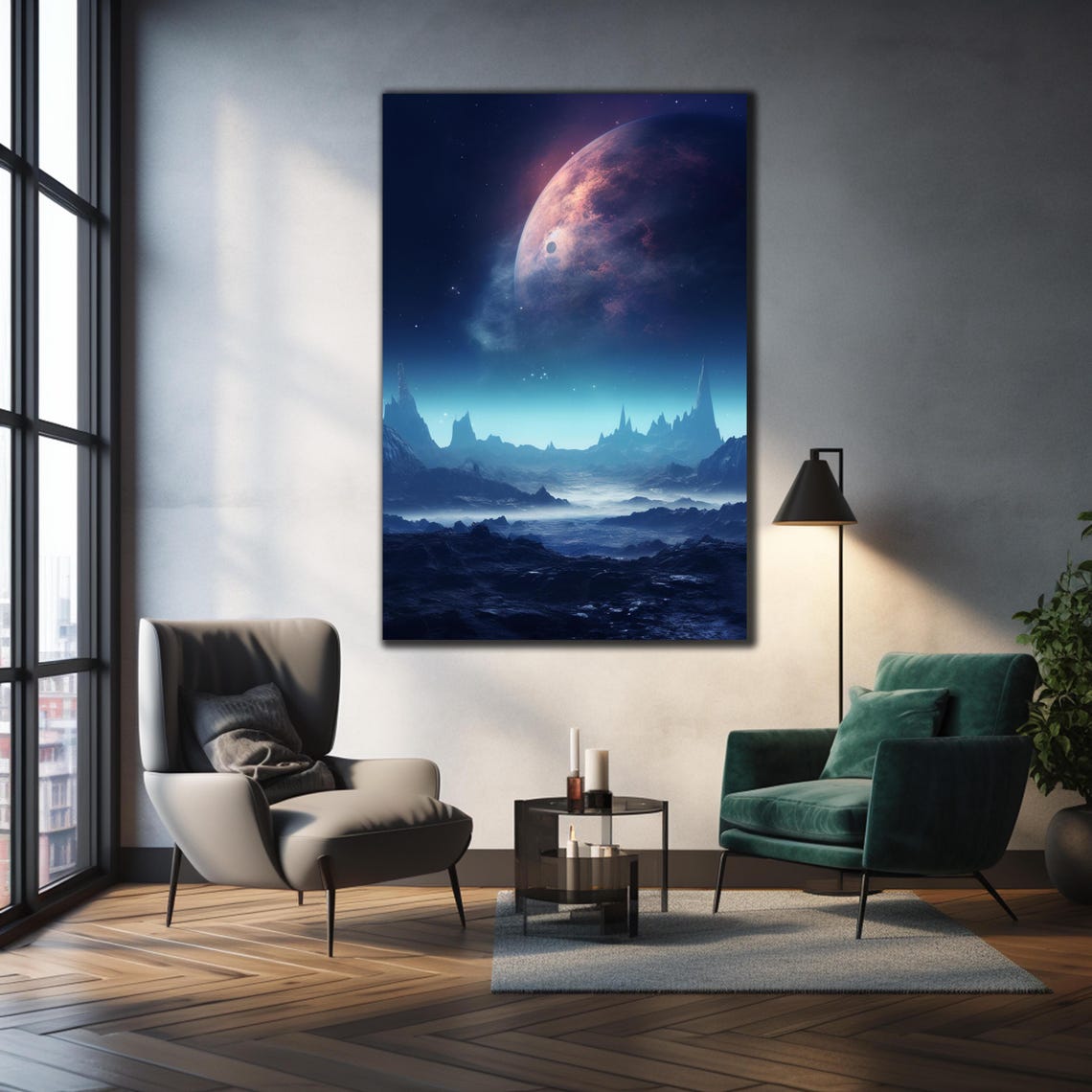 Alien Moon Planet Rising Over Misty Mountains Sci Fi Night Poster - Image 3
