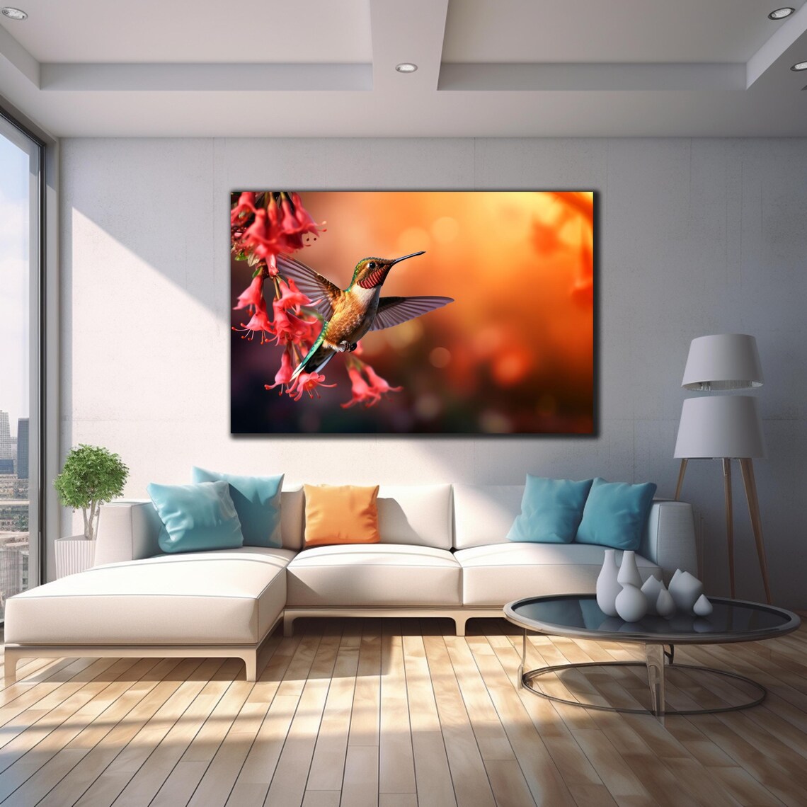 Copper Hummingbird Red Trumpet Flowers Warm Sunset Garden Poster - Image 4