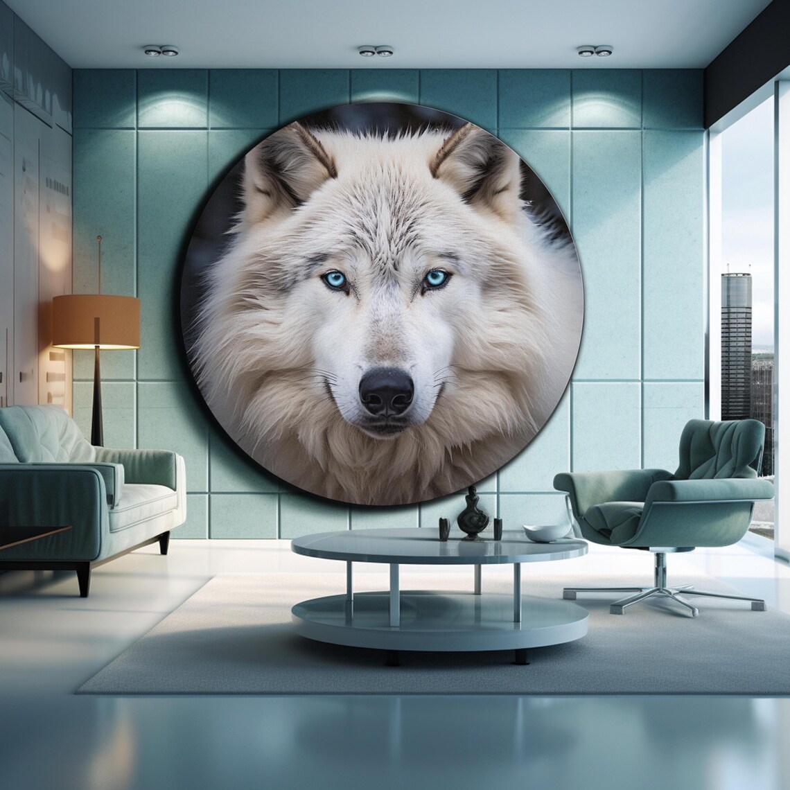 White Wolf Blue Eyes Portrait Round Wildlife Animal Wall Art Poster - Image 2