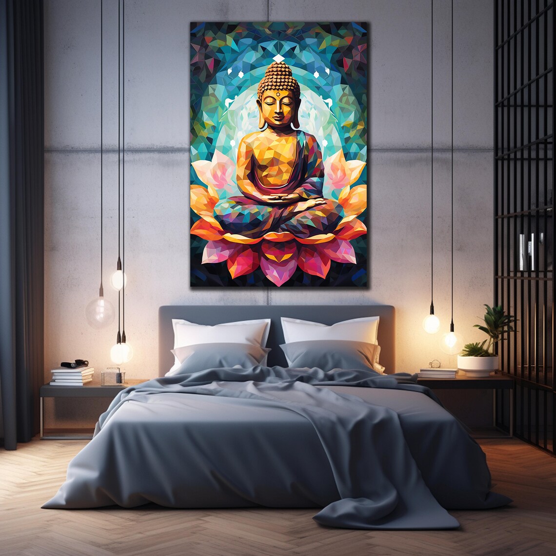 Geometric Buddha Meditating Colorful Mosaic Lotus Wall Art Poster - Image 2