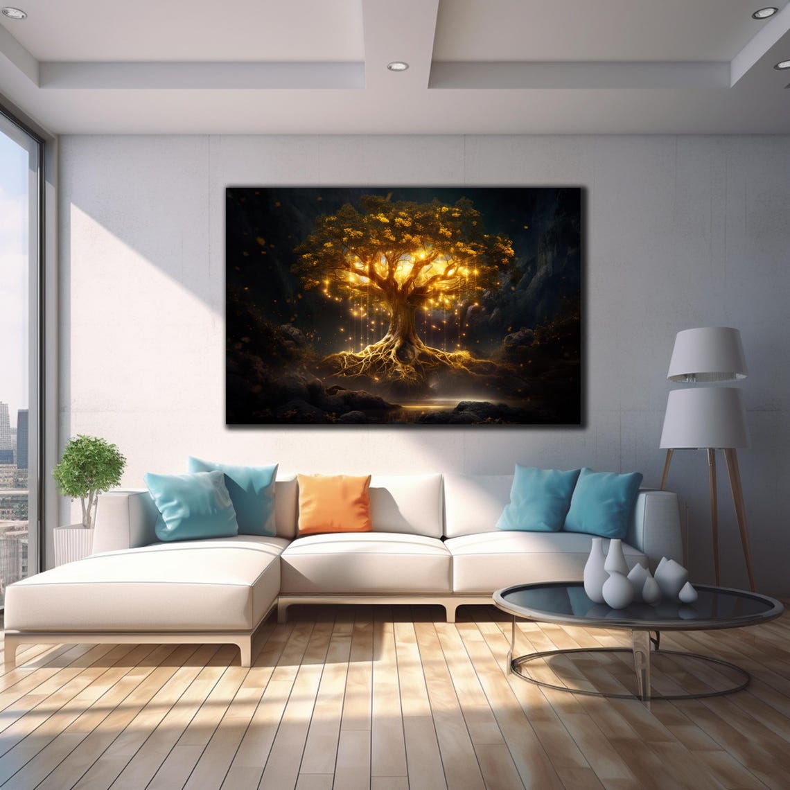 Golden Tree of Life Glowing Night Forest Light Magic Wall Art - Image 4
