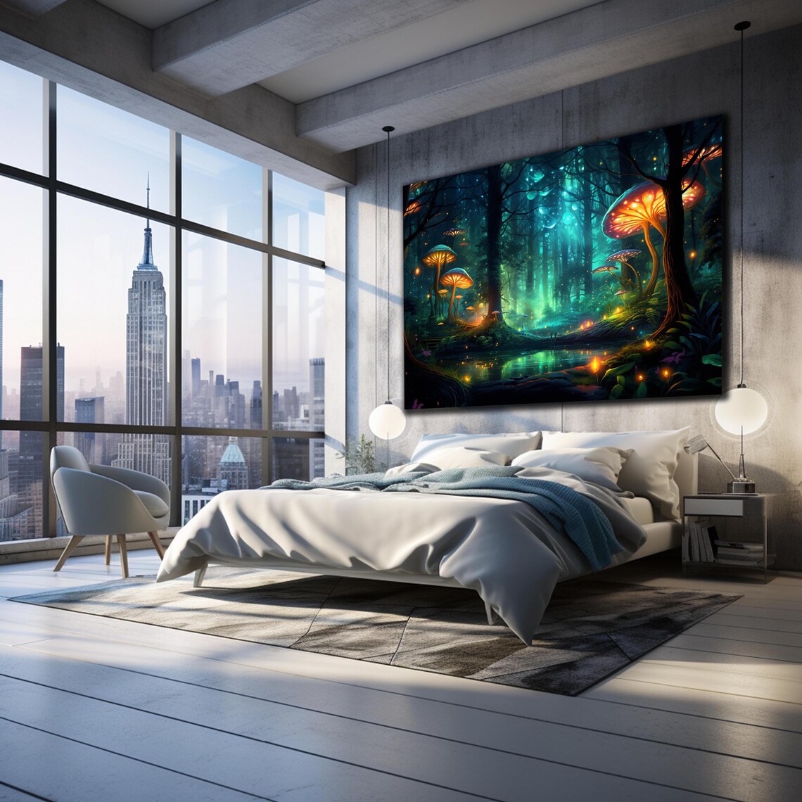 Tempered Glass Wall Art Fireflies Illuminate Forest Fantasy Neon Wall Decor Optical Illusion Artwork Psychedelic Glowing Forest Glass Art - Image 3