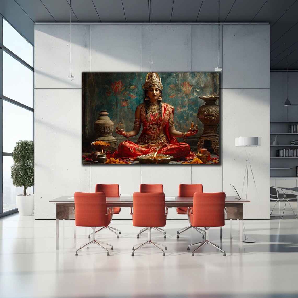 Lakshmi Hindu Goddess Meditating in Red Sari Gold Jewelry Poster - Image 2