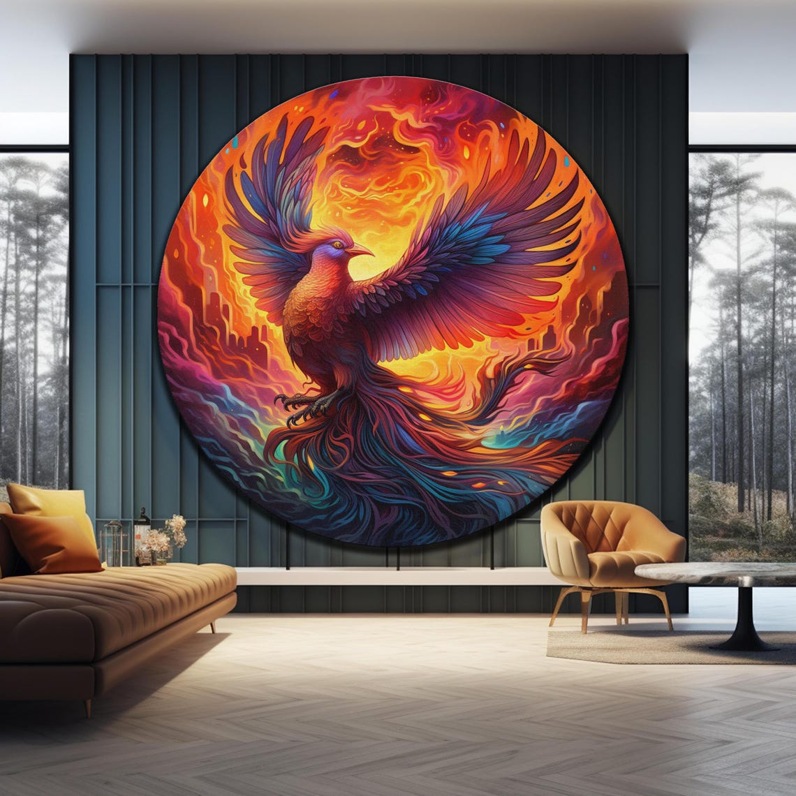 Majestic Phoenix Fire Bird Round Orange Flame Wall Art Poster - Image 4