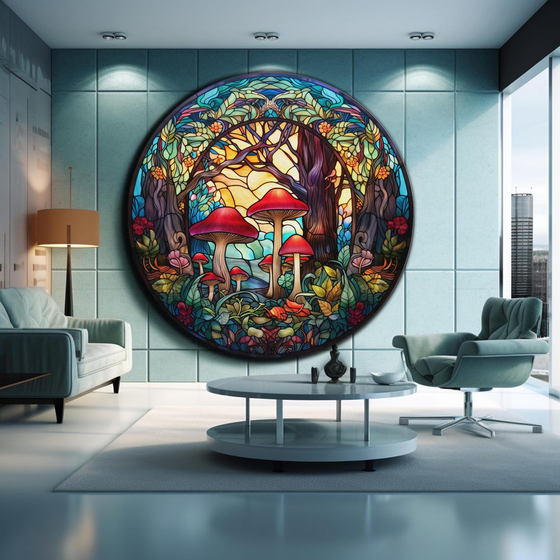 Stained Glass Mushrooms Forest Round Red Cap Nature Wall Art Poster - Image 2