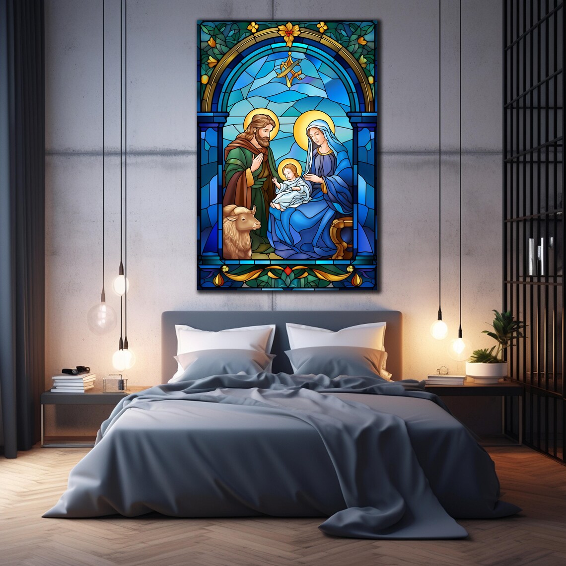 Holy Family Stained Glass Nativity Mary Joseph Jesus Lamb Art Poster - Image 2