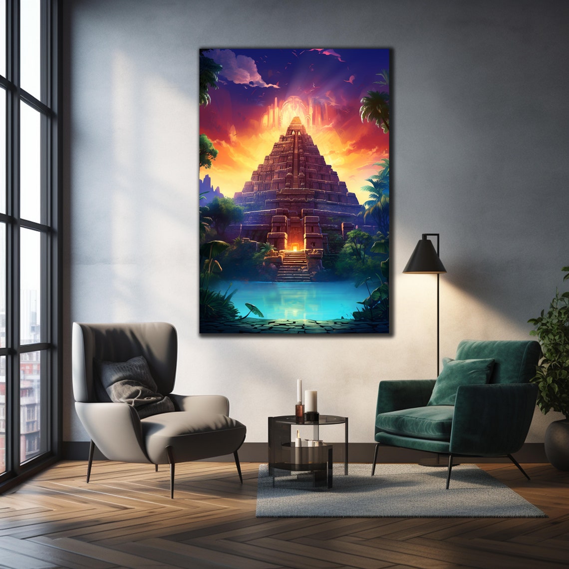 Ancient Mayan Temple Fiery Sunset Birds Tropical Lagoon Travel Poster - Image 2