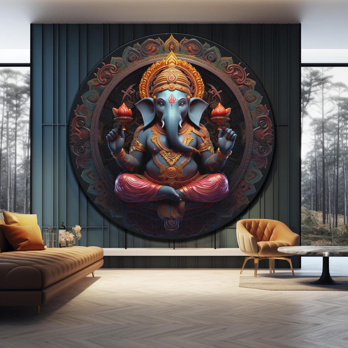 Blue Ganesha Mandala Round Gold Crown Hindu Deity Wall Art Poster - Image 4