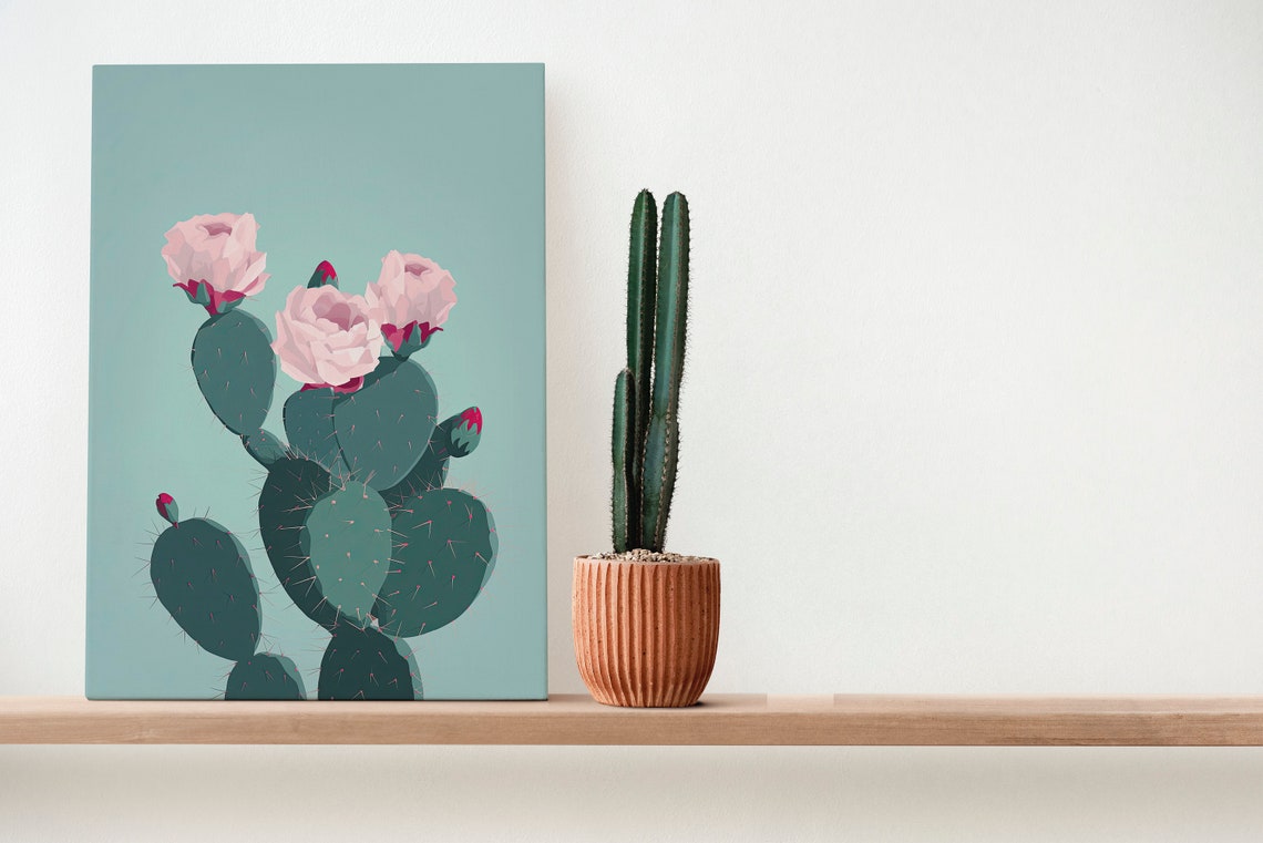 Blooming Prickly Pear Cactus Pink Flowers Pastel Wall Poster - Image 2