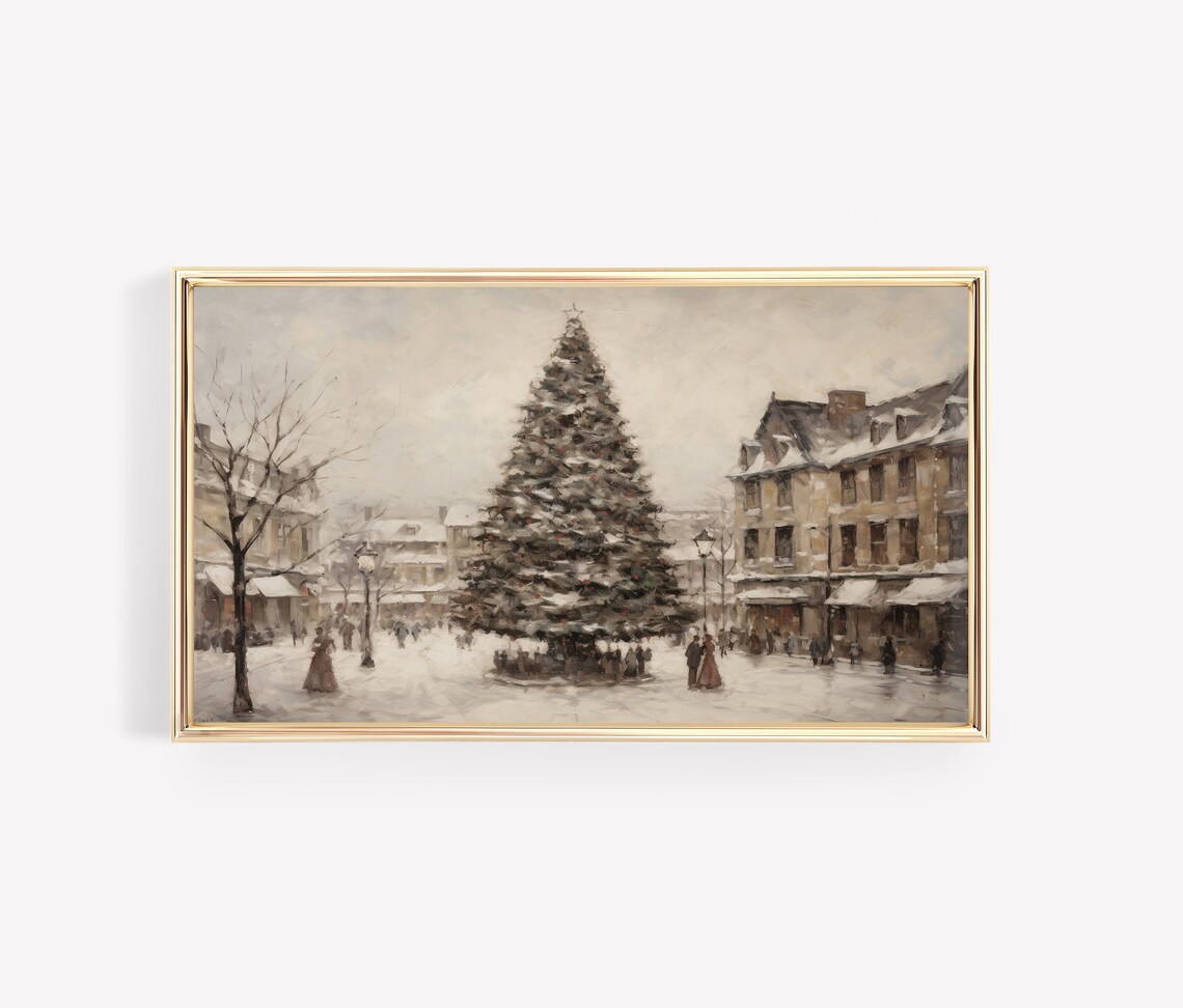 Snowy Town Square Christmas Tree Vintage Holiday Painting Poster - Image 2
