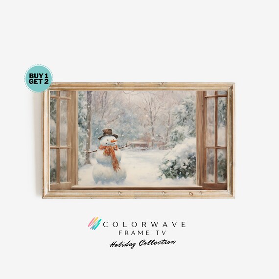 Cheerful Snowman in a Snowy Window View Christmas Scene Poster