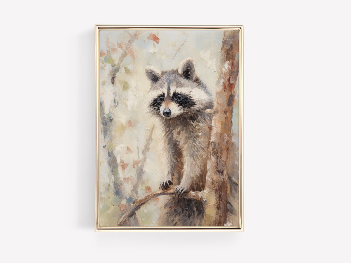 Muted Curious Raccoon in Autumn Woods Vintage Oil Painting Poster - Image 3