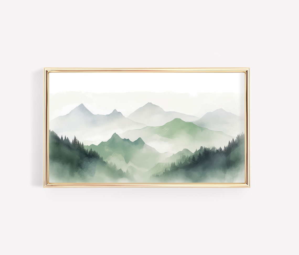 Soft Green Watercolor Mountain Peaks Misty Forest Landscape Poster - Image 2