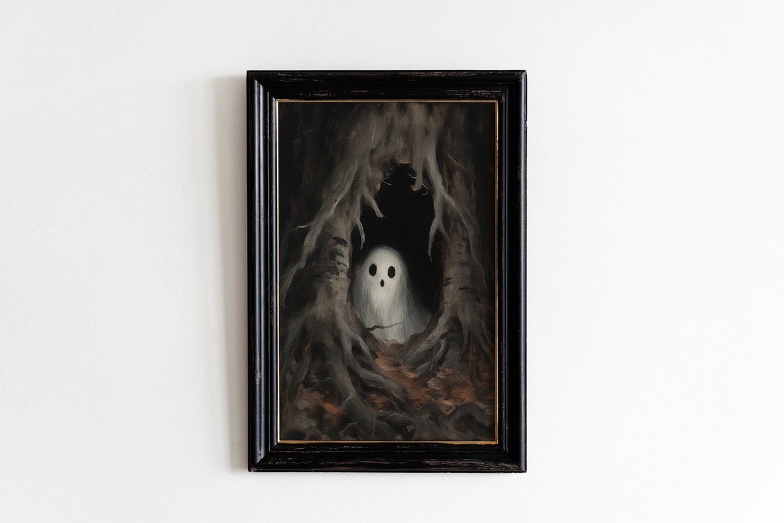 Cute Spooky Ghost Peeking from Hollow Tree Dark Halloween Poster - Image 4