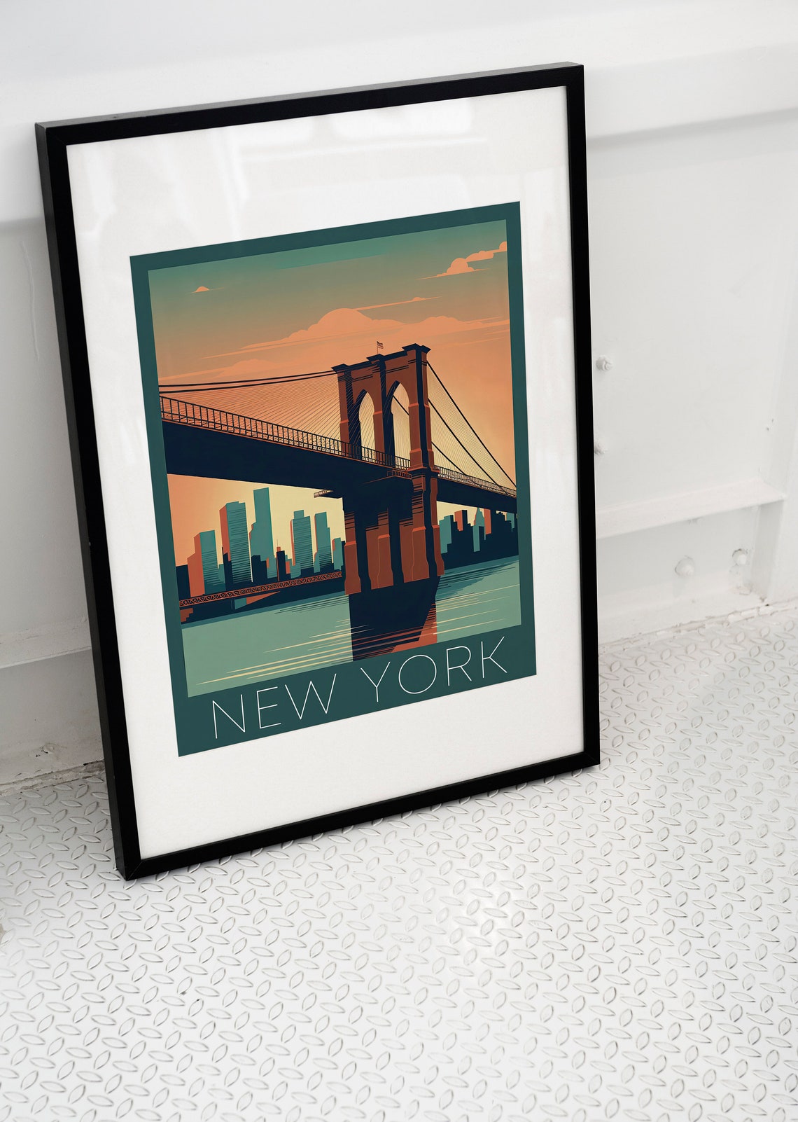 New York City Brooklyn Bridge Retro Sunset Skyline Travel Poster - Image 2