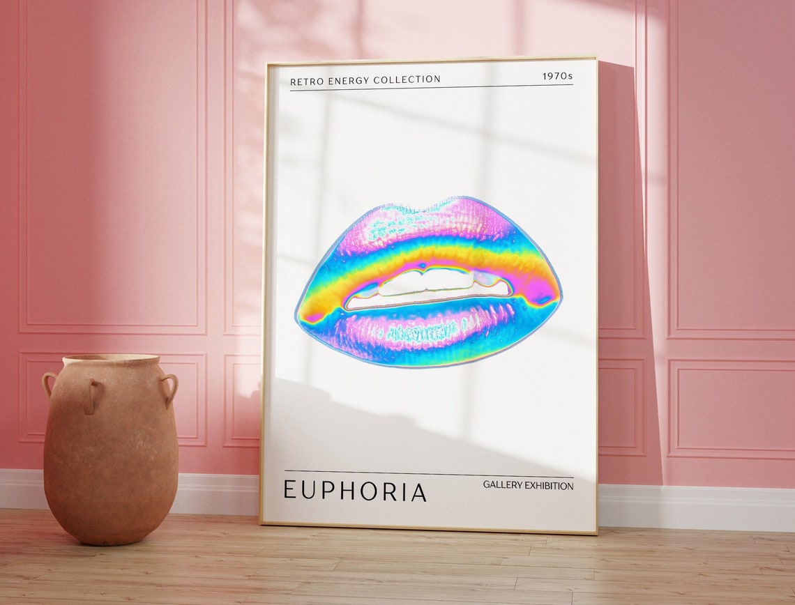 Euphoria Holographic Rainbow Lips 1970s Retro Art Wall Poster