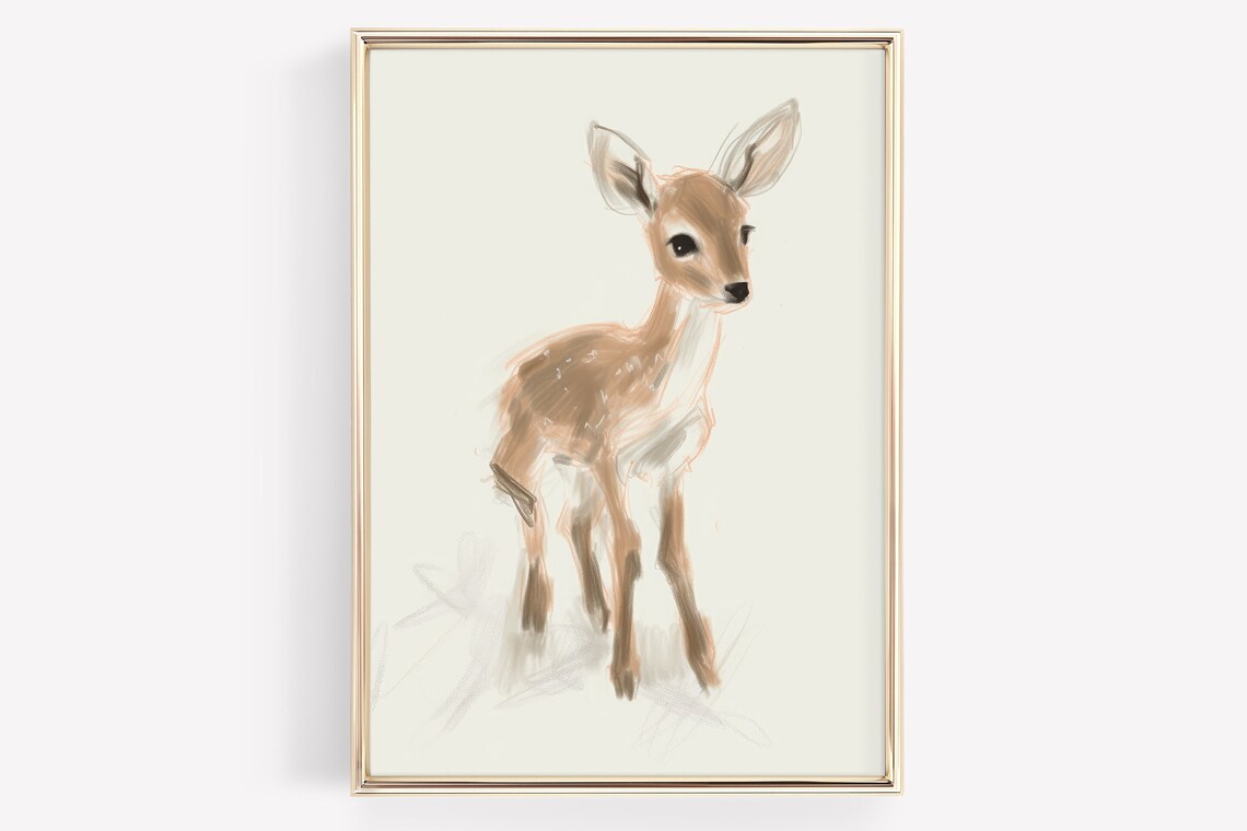 Watercolor Fawn Baby Deer Sketch Minimalist Nursery Animal Art Poster