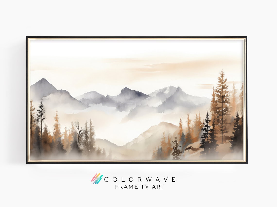 Misty Watercolor Mountain Pines Soft Earth Tone Landscape Poster - Image 4