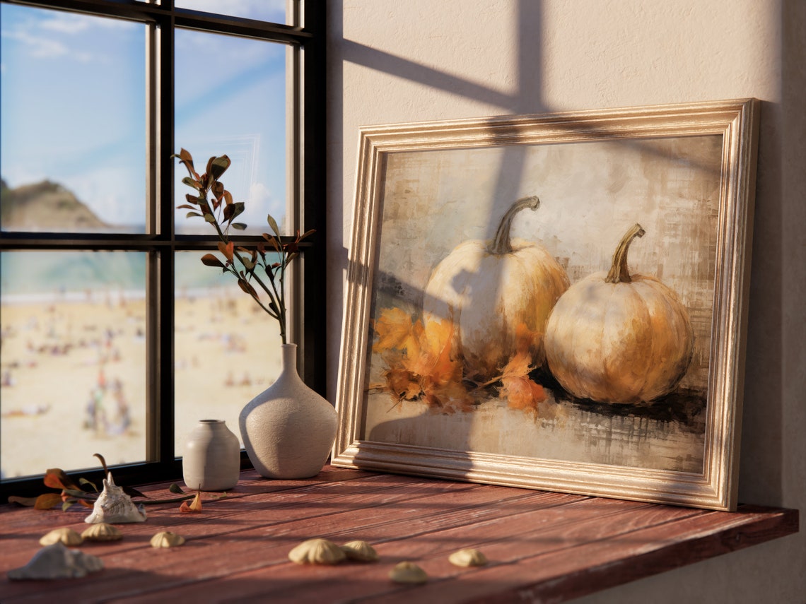 Two White Pumpkins With Fall Leaves Muted Autumn Still Life Poster - Image 4