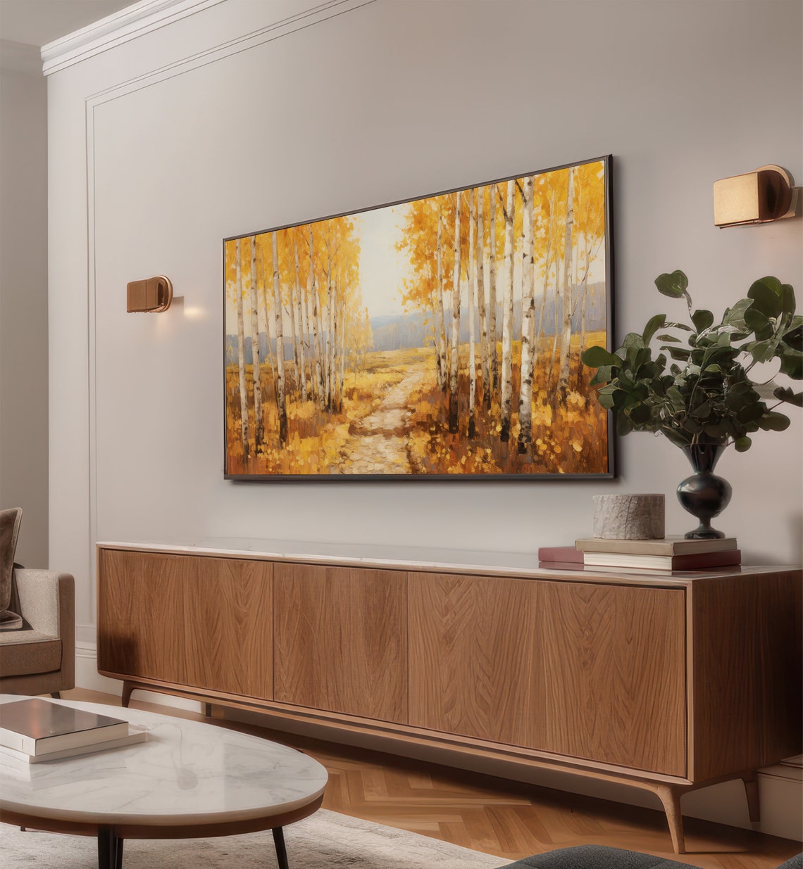 Sunlit Golden Birch Forest Path in Autumn Impressionist Poster - Image 2